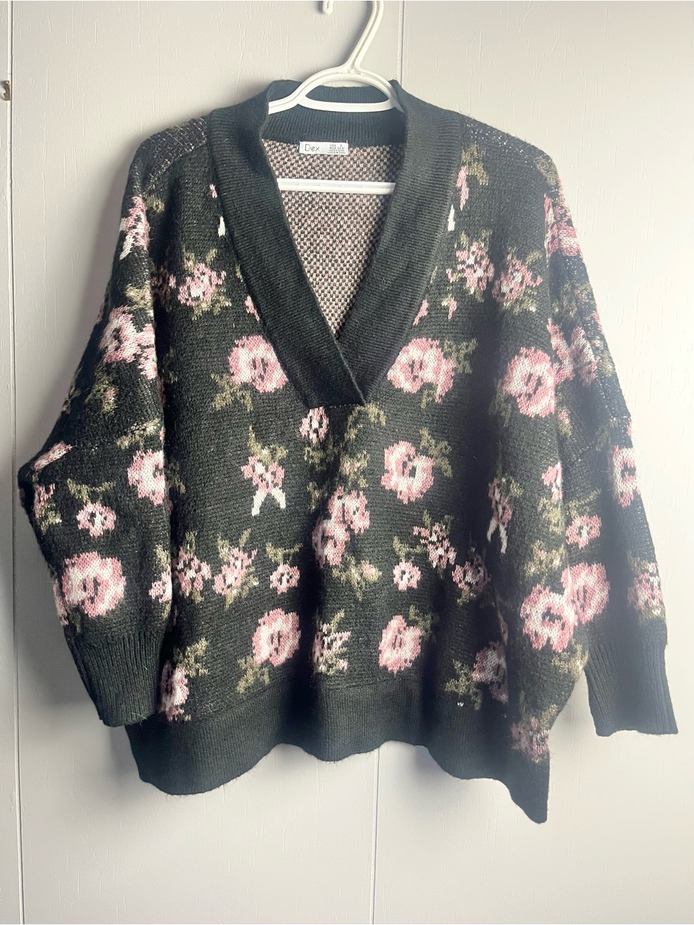 Dex Black V-Neck Sweater with Pink Floral Motif